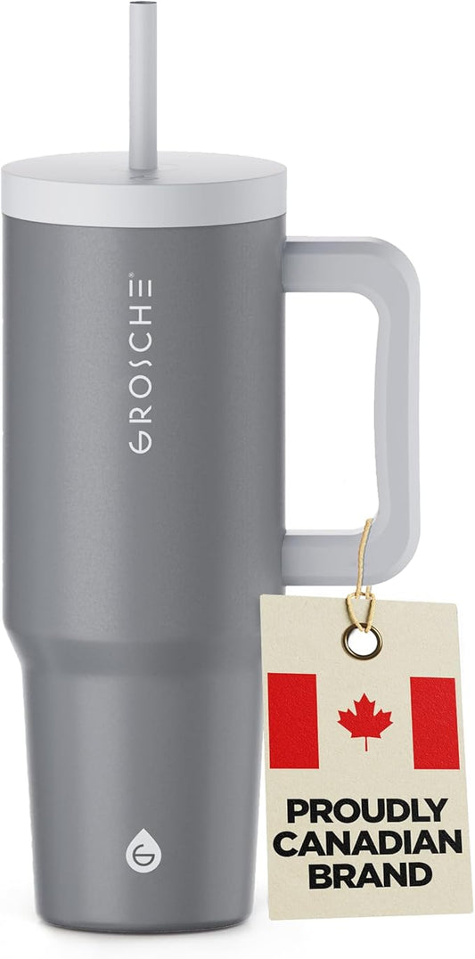 GROSCHE ASPEN 40 oz tumbler with handle and straw. Extreme insulation, classy design, built to last insulated stainless steel tumbler with handle, lid and straw - Steel Grey