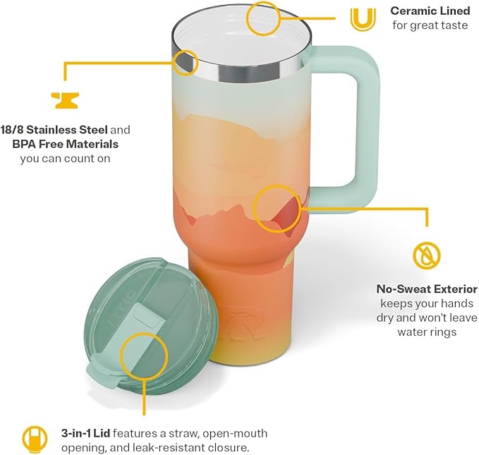RTIC 40 oz Road Trip Tumbler Double-Walled Cermaic Lined Insulated Stainless Steel Portable Travel Coffee Mug Cup with Lid, Handle and Straw, Desert Sunset