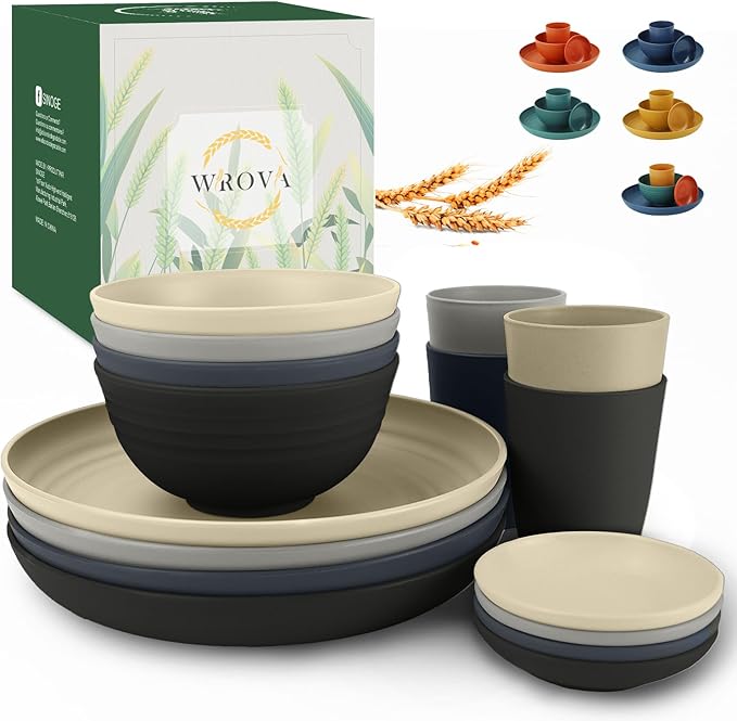 Wrova Wheat straw plates and bowls sets of 16 - Unbreakable wheat straw dinnerware sets for camping - Dishwasher safe and Freezer safe Dishes. Black & Grey
