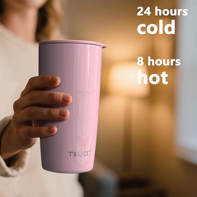 TILUCK 20 oz Tumbler with Leak-Proof Lid, Vacuum Insulated Stainless Steel Coffee Mug, Double-Walled Travel Tumbler for Hot and Cold Drinks(GlitterPink, 20oz)