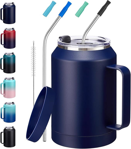 32 oz Mug Tumbler with Handle and Straw - Large Stainless Steel Coffee Cup with 2-in-1 Lid, Insulated Water Bottle Flask Jug, Metal Thermal Cup Keep Cold 36 hrs, Leakproof Proof BPA-Free