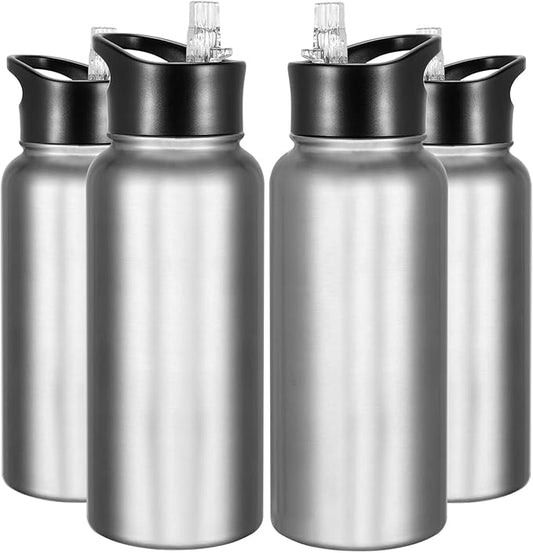 32 Oz Stainless Steel Insulated Water Bottle (4 pk), Leak Proof, Wide Mouth Lids, Double Walled Vacuum, BPA Free, Sport Bottles for Gym, Travel, Running, Hiking
