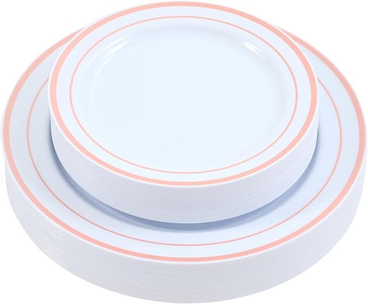 120-Piece Plastic Plates Set Premium 60 Dinner & 60 Salad Plates Pack, Disposable Plates for Party - White Plastic with Pink Rim