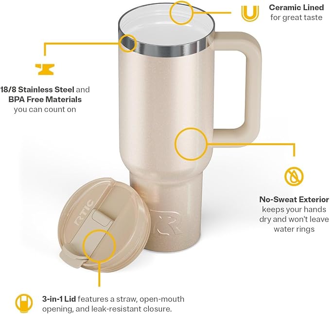 RTIC 40 oz Road Trip Tumbler Double-Walled Cermaic Lined Insulated Stainless Steel Portable Travel Coffee Mug Cup with Lid, Handle and Straw, Beach Glitter