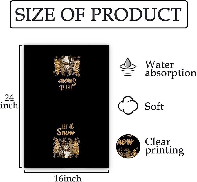 Black Gold Christmas Snowman Kitchen Towels, Christmas Tree Winter Snowman Dish Towels, Let It Snow Xmas Decorative Hand Towels for Bathroom, Winter Xmas Kitchen Bathroom Decor(16x24 Inch)