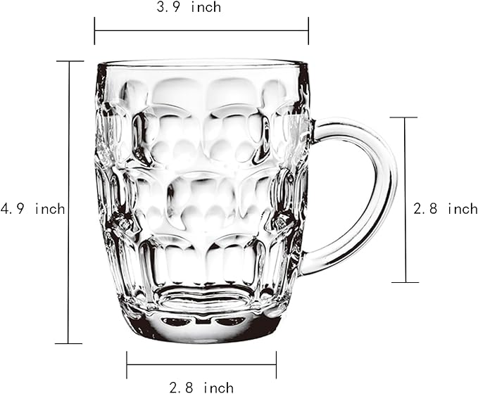 Dimple Stein Beer Mug Set, 20 oz Beer Glasses with Handle, Glass Beer Mugs, Dishwasher and Freezer Safe, Clear and Sturdy, Set of 6