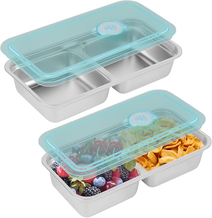 Stainless Steel Snack Containers Reusable - 2 Pack Grab and Go Snack Containers with Lids, 2 Compartment Snack Condiment Containers for Travel, Camping