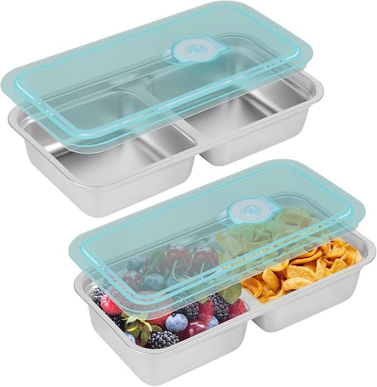 Stainless Steel Snack Containers Reusable - 2 Pack Grab and Go Snack Containers with Lids, 2 Compartment Snack Condiment Containers for Travel, Camping