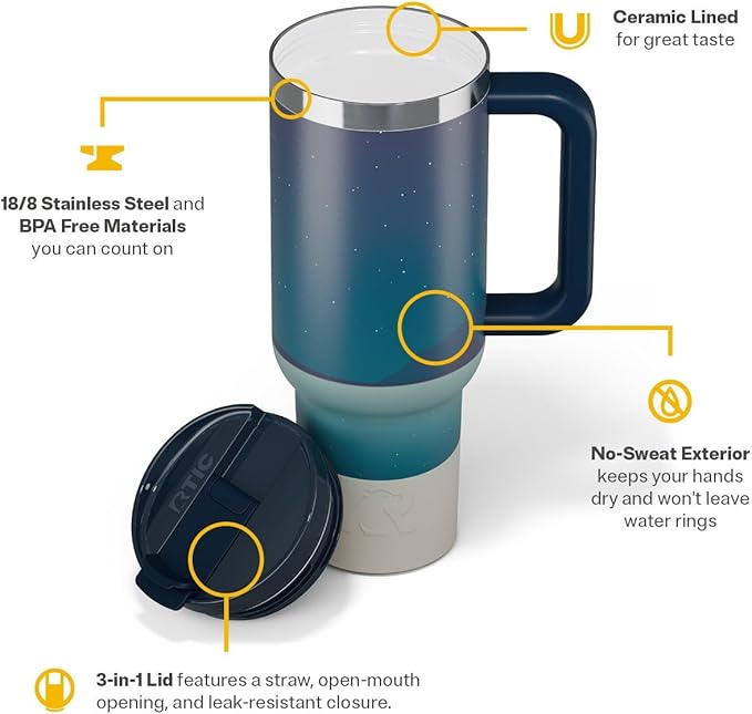 RTIC 40 oz Road Trip Tumbler Double-Walled Cermaic Lined Insulated Stainless Steel Portable Travel Coffee Mug Cup with Lid, Handle and Straw, Starry Night