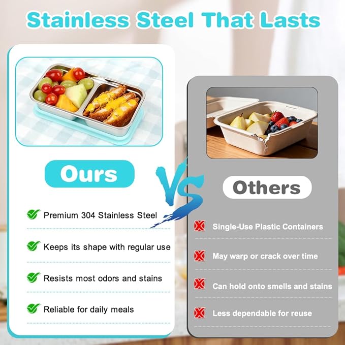 YQL 4 Pack Stainless Steel Snack Containers with Lids, Double Compartment Food Storage Boxes for Lunch Prep, Reusable Leakproof Bento Snack Boxes for Travel, Office, Camping