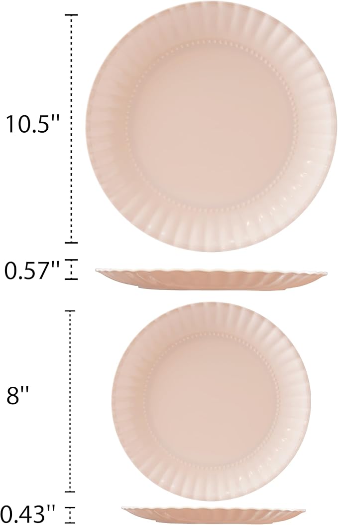 TP Melamine Dinner Plates Set of 8, 8” Salad Dessert Plates and 10.5” Dinner Plates, Dinnerware Set for 4, Indoors and Outdoors, Light Pink