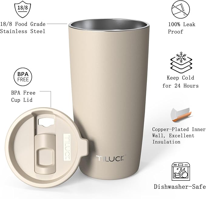 TILUCK 20 oz Tumbler with Leak-Proof Lid, Vacuum Insulated Stainless Steel Coffee Mug, Double-Walled Travel Tumbler for Hot and Cold Drinks(MistyGray, 20oz)