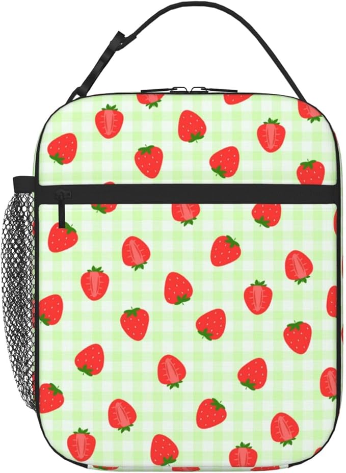 Strawberry Kid Lunch Bag Insulated Reusable Lightweight Water Resistant Green Grid LunchBox with Water Bottle Holder for Boys Girls Lunch Tote