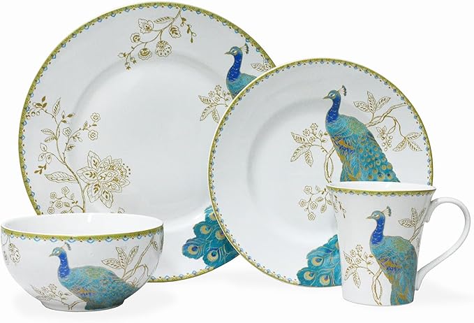 222 Fifth 16-Piece Porcelain Dinnerware Set for 4, Elegant Plates and Bowls Sets-White, Teal, Gold Ceramic Dishes, Chip Proof Kitchen and Dining Dish Set, Microwave & Dishwasher Safe, Peacock Garden