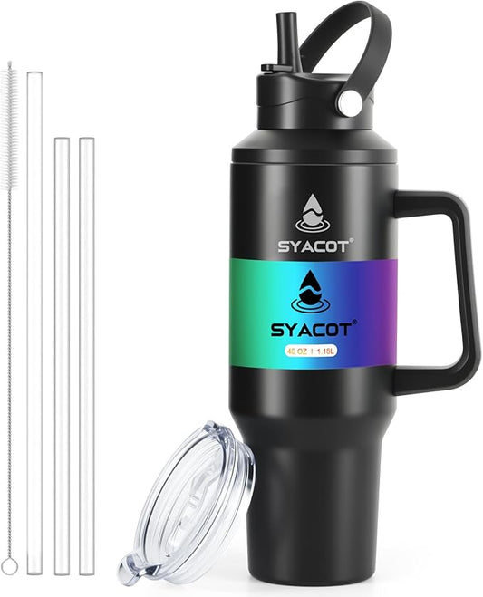 40 oz Tumbler with Handle and Straw or Convert to 40 oz Insulated Water Bottle Fits in Cup Holder. Stainless Steel Metal Water Flask with 2 Lids for Travel,Camping,Gym Sports Coffee Mug Thermal Cup