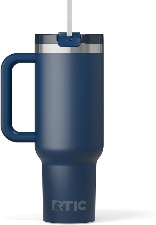RTIC 40 oz Road Trip Tumbler Double-Walled Cermaic Lined Insulated Stainless Steel Portable Travel Coffee Mug Cup with Lid, Handle and Straw, Navy