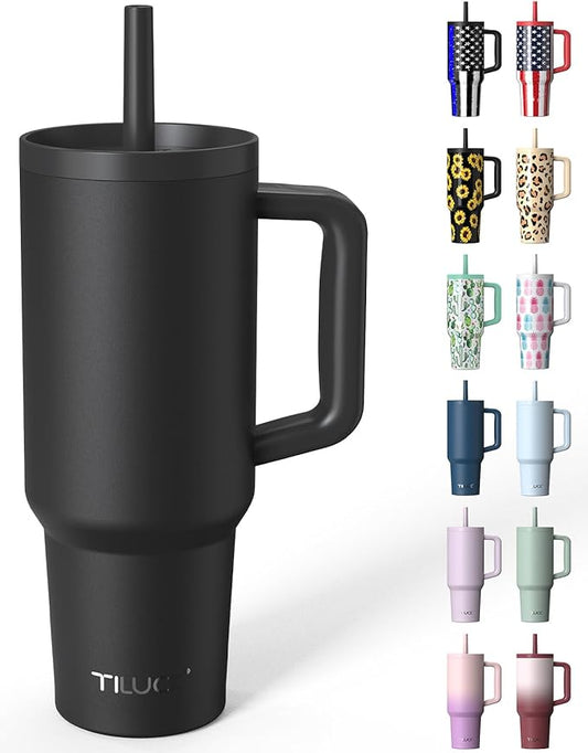 TILUCK 40 oz Tumbler with Handle, Vacuum Insulated Stainless Steel Travel Mug with 100% Leak-Proof Silicone Straw Lid, Cupholder Friendly Water Bottle(MidnightBlack, 40oz)