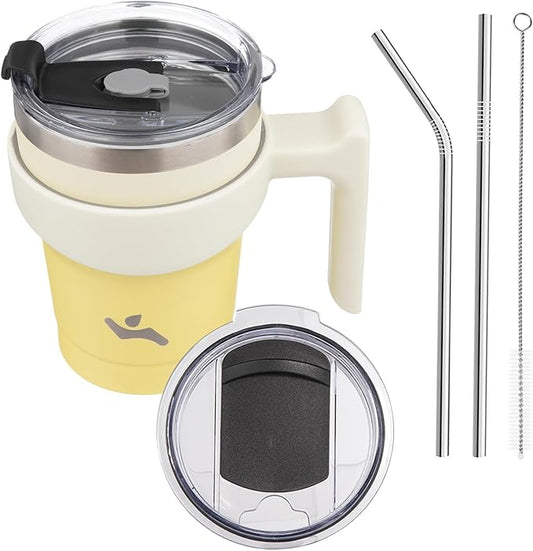 10 oz Tumbler with Handle and 2 Straw 2 Lid, Insulated Water Bottle Stainless Steel Vacuum Cup Reusable Travel Mug,Lemon