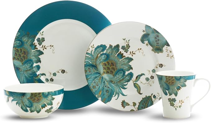 222 Fifth 16-Piece Porcelain Dinnerware Set for 4, Elegant Floral Plates and Bowls Sets-White, Teal, Gold Ceramic Dishes, Chip Resistant Kitchen and Dining Dish Set, Microwave & Dishwasher Safe, Eliza