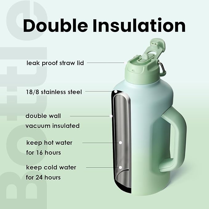 BOTTLE BOTTLE Insulated Water Bottle 64 oz with Straw and Dual-use Lid Stainless Steel Water Bottle with Handle Vacuum Insulated Jug for Workout and Sports green gradient