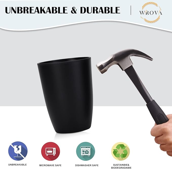 Wrova Wheat Straw Cups Set of 8 Good Alternative to Plastic Cups 20 oz Unbreakable Drinking Cup Reusable Tumbler Dishwasher Safe Water Glasses Black