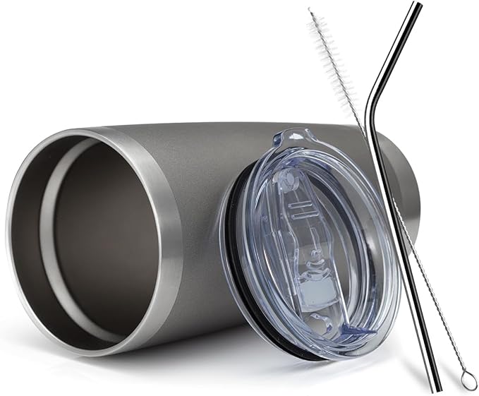 COMOOO 20oz Double Wall Vacuum Insulated Travel Mug, Stainless Steel Tumbler with Lid and Straw Durable Powder Coated Insulated Coffee Cup for Cold & Hot Drinks (Grey. 2 pack