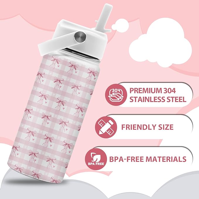 Pink Bow Gifts, 16 oz Water Bottle with Straw Lid, Stainless Steel Insulated Pink Bow Tumbler, Cute Water Bottles for Birthday Christmas