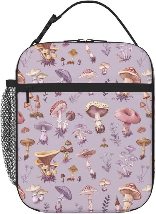 SUPLUCHOM Lunch Bag Mushrooms Vintage Botanical Insulated Box Reusable with Side Pocket for Girl Boy Women Men Work School Picnic Hiking Daytrip Over 3 Years Old