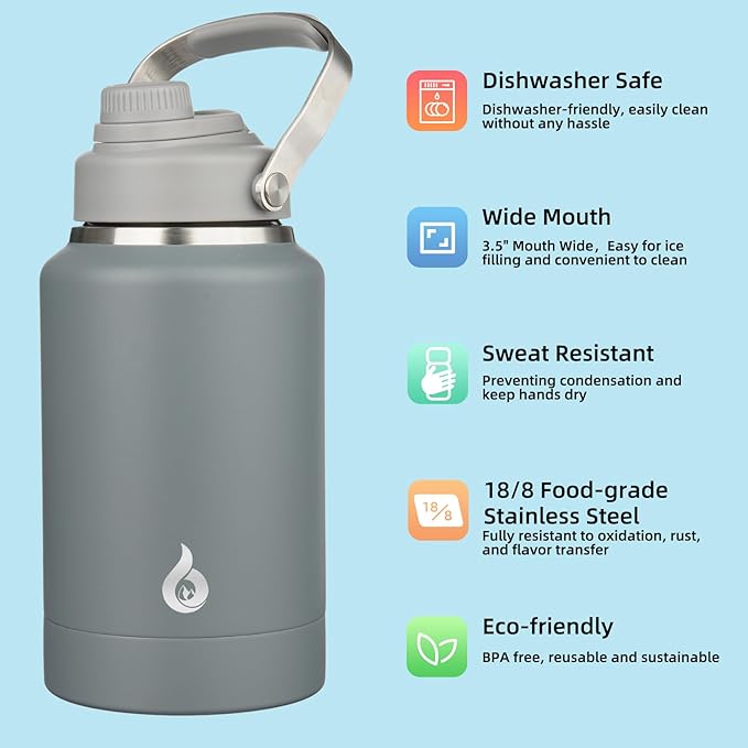 BJPKPK 64oz Insulated Water Bottles, Dishwasher Safe Half gallon Water Bottle with Metal Handle, BPA Free Spout Lid & Detachable Bowl, Large Stainless Steel Jugs, Grey