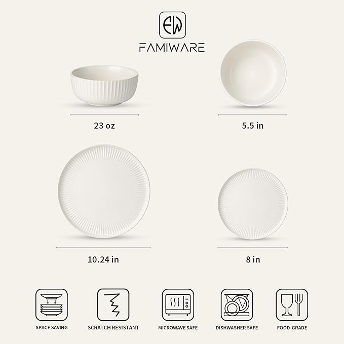 Famiware Starlight Dinnerware Sets, Plates and Bowls Dish Set of 8 (24 Pieces), Ribbed Textured Tableware - Dishwasher & Microwave Safe, Chip Resistant, Reactive Glaze, Matte Reactive White