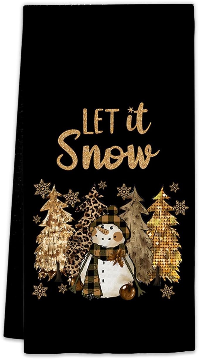 Black Gold Christmas Snowman Kitchen Towels, Christmas Tree Winter Snowman Dish Towels, Let It Snow Xmas Decorative Hand Towels for Bathroom, Winter Xmas Kitchen Bathroom Decor(16x24 Inch)