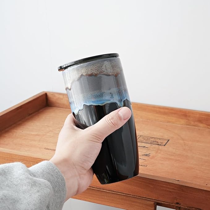 Bosmarlin Ceramic Travel Coffee Mug with Lid, 21 oz, Portable Coffee Cup for Car Cup Holder, Microwave and Dishwasher Safe, Reactive Glaze