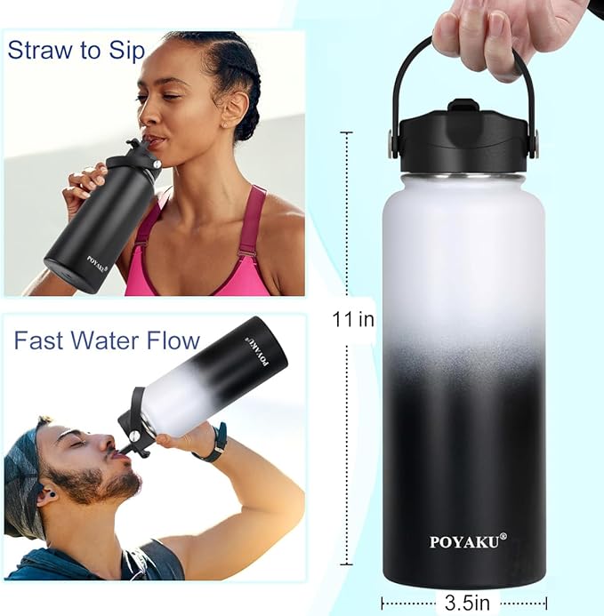 Water Bottle Insulated 32oz 40oz 64oz 128oz Straw Lid Spout Lid & 3 Lids, Leak Proof, Vacuum Insulated,Stainless Steel Water Bottle Wide Mouth for Sports, Gym or Office