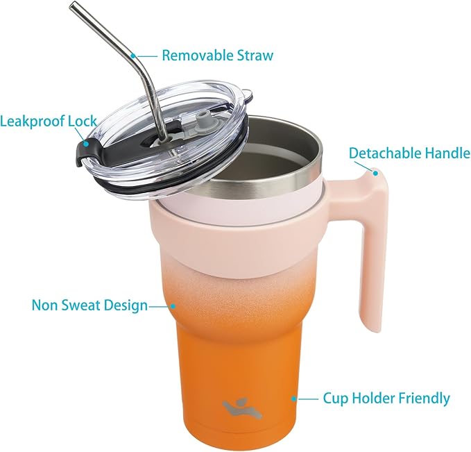 40 oz Tumbler with Handle and 2 Straw 2 Lid, Insulated Water Bottle Stainless Steel Vacuum Cup Reusable Travel Mug,Coral