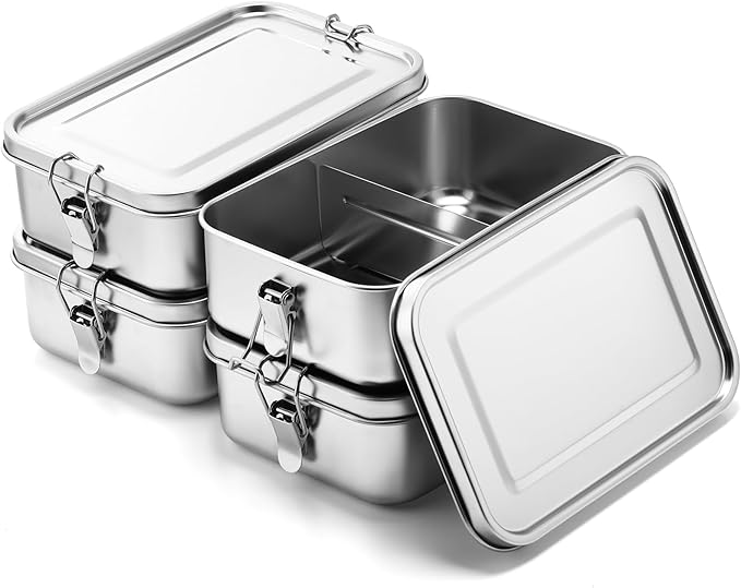 Umigy 4 Pcs Stainless Steel Food Containers 1400ml Metal Bento Lunch Box Stainless Steel Food Storage Containers, Lockable Clips to Leak Proof, Reusable Dishwasher Snack Boxes for Work
