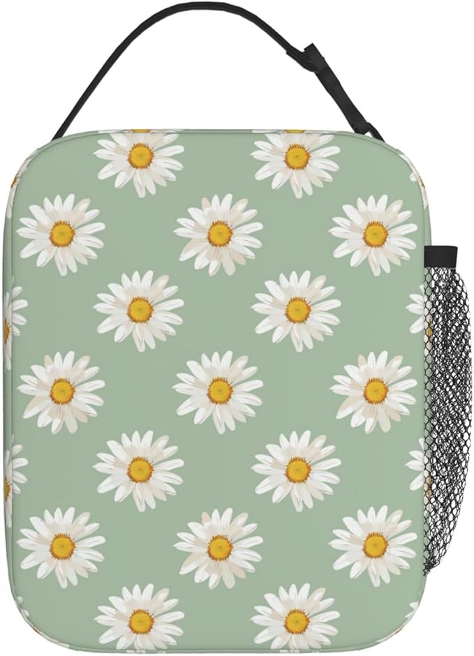 Reusable Daisy Lunch Box for Kids Girls Boys Women Adult, Insulated Floral Lunch Bag,Polyester Cooler Flower Handbags Case for School Picnic Work Travel Beach or Hiking (Light Green)