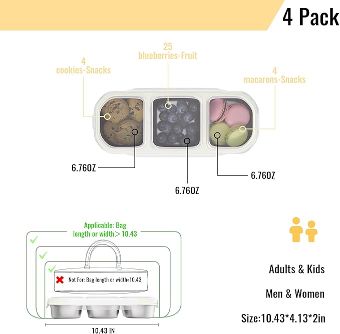 Stainless Steel Snack Containers for Kids Adults, 4 Pack 3 Compartment Metal Snack Containers Box with Lid, Reusable Food Storage Container, Leak Proof, Grab and Go