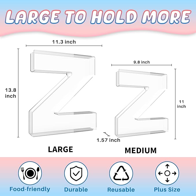 13.8" Extra Large Acrylic Letter Charcuterie Board Box, Reusable Fillable Letter Cake Candy Dish Display Serving Tray for Birthday Anniversary Party Decoration (Z)