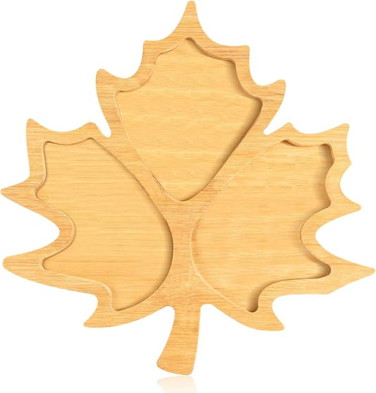 AWIZOM Maple Leaf Charcuterie Boards Thanksgiving Wooden Serving Platter Bamboo Serving Tray Sectional Fall Leaf Wood Dish Plate for Halloween Autumn Harvest Party Supplies,14.17x14.17x0.59 Inch