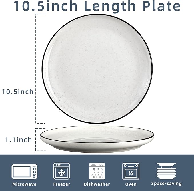 Ceramic White Dinner Plates Set of 6, 10.5 Inch Plates for Kitchen, Microwave Oven and Dishwasher Safe, Modern Dishes Set for Pasta,Steak, Dessert, Salad