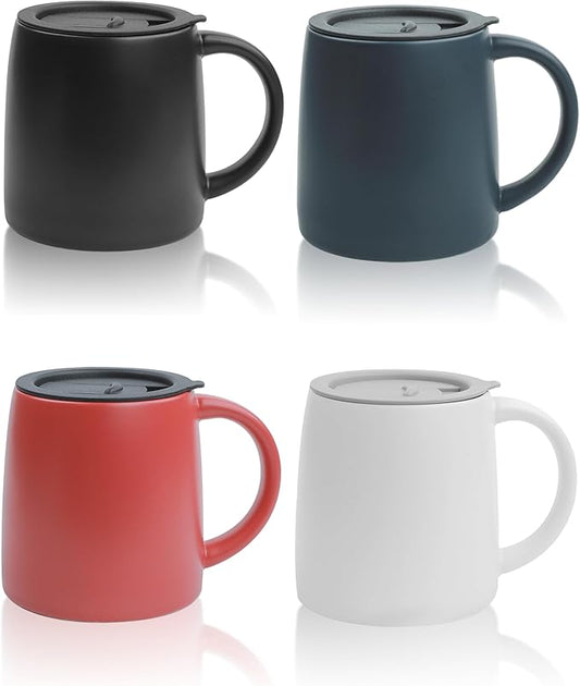 Classic Mug, 14 oz Large Coffee Mug with Handle, Ceramic Porcelain Tea Cup, Smooth Matte (Sliding Lid, Set of 4, Red White Black and Navy Blue)