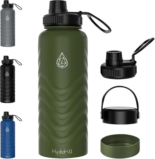24oz Stainless Steel Insulated Water Bottle, 48H Ice Cold & 24H Hot, Leak-Proof Wide Mouth Lids (Straw & Spout), BPA-Free Bottles, Mens Water Bottle for Gym, Hiking, Travel - Green