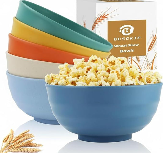 Wheat Straw Bowls 60 OZ, Unbreakable Large Salad Bowls Set of 6, Microwave and Dishwasher Safe Big Popcorn Bowls, Plastic Serving Bowls for Eating, Soup, Cereal and Salad (Multi Colors)