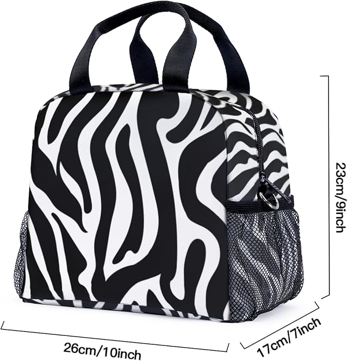 Zebra Black and White Stripes Lunch Bag for Women Men Cute Large Capacity Thermal Lunch Tote Reusable Washable with Adjustable Shoulder Strap and Dual Large Mesh Side Pockets