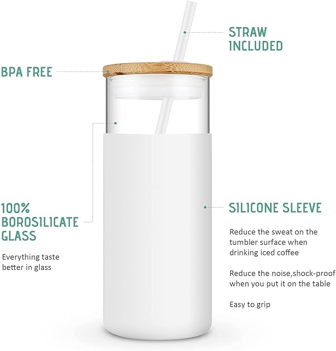 Tronco 20 oz Glass Tumbler with Lid and Straw, Iced Coffee Cup and Smoothie Cup with Bamboo Lids & Protective Silicone Sleeve, Dishwasher Safe, BPA-Free, Glass Cup 1 Pack