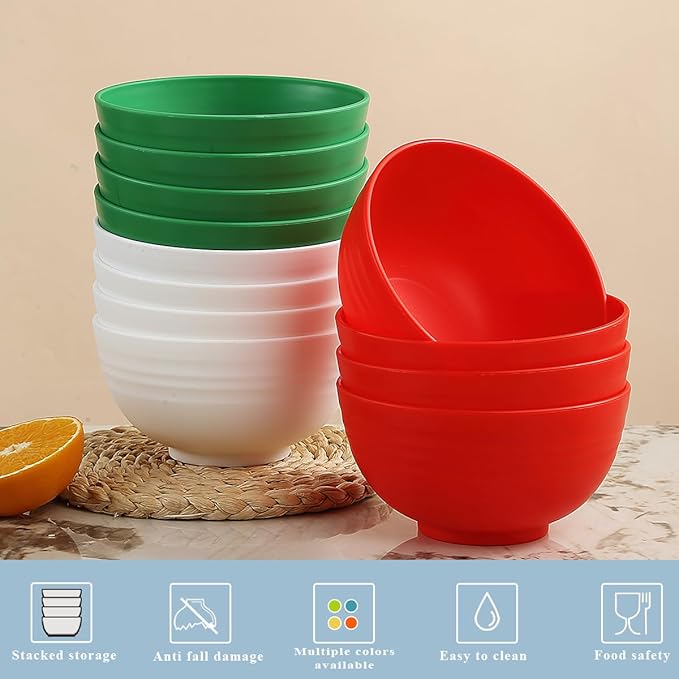 Berglander Plastic Bowls Set of 12 Pieces 25oz, IT Color Reusable and Sturdy Ramen Bowl, Soup Bowls, Cereal Bowl for Adult, Kids, Home, Restaurant, Garden, Picnic, Camping, Poolside, Outdoor