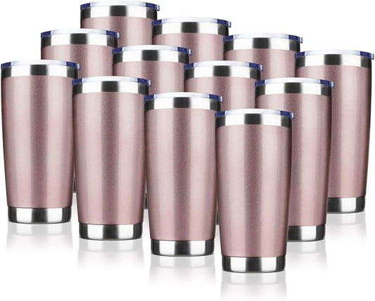 20oz Tumbler Bulk Stainless Steel Vacuum Insulated Tumblers with Lid Double Wall Travel Mug Powder Coated Coffee Cup, Suitable for Ice Drinks and Hot Beverage (Rose gold 12pack)