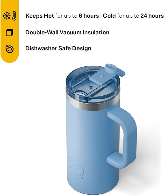 RTIC 16oz Road Trip Travel Mug with Lid and Handle, Insulated, Stainless Steel, Metal, Double Wall Vacuum-Insulation, Ceramic Lined, Portable Coffee, Tea Cup for Hot and Cold Drink, Denim