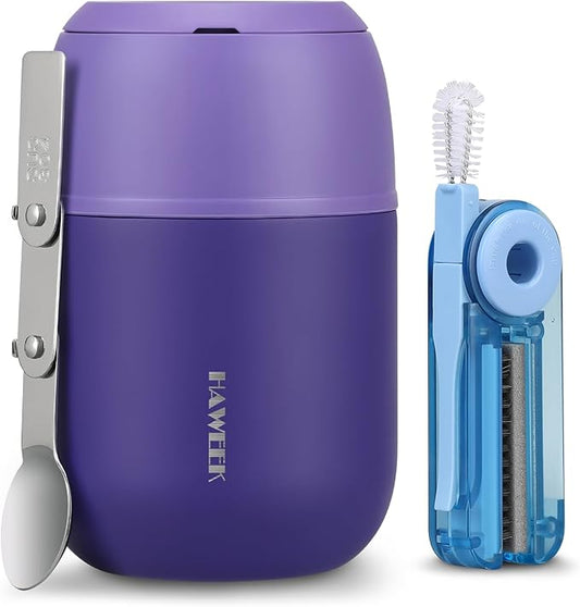 17oz Soup Thermo for Hot Food Adults Insulated Food Jar Thermo Hot Food Lunch Container Wide Mouth Stainless Steel Lunch Box for Kids with Folding Spoon Cleaning Brush Purple