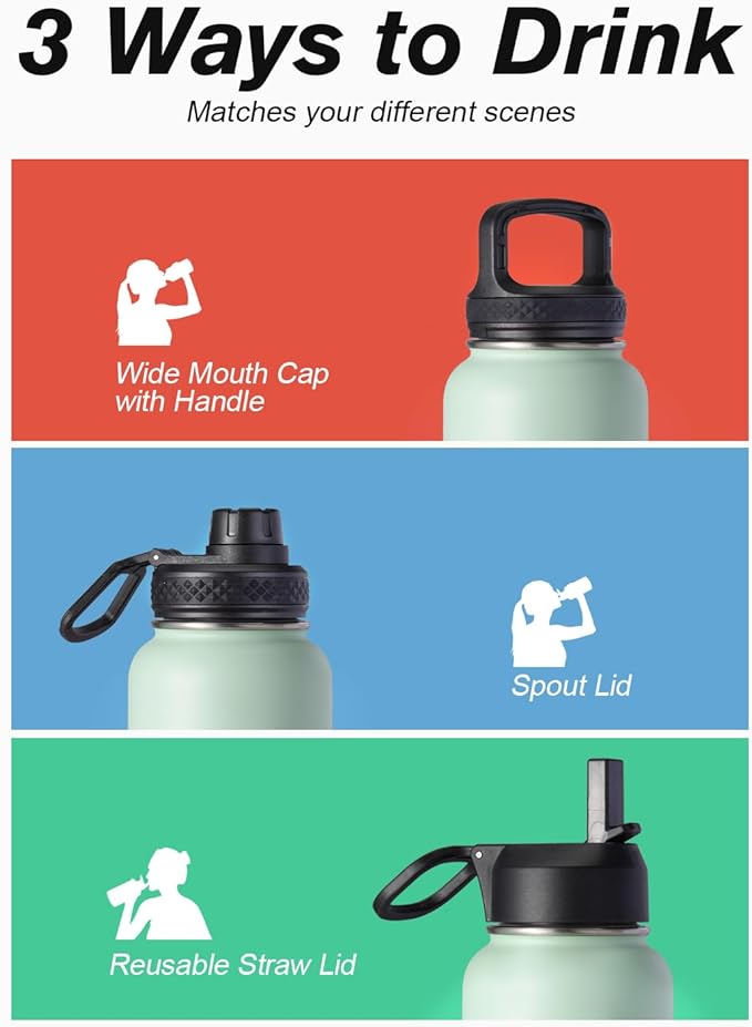Water Bottle 40 oz Insulated with Straw&Brush, Coolflask Vaccum Stainless Steel Metal 3 Lids Water Flask for Sports, Gym or Office, Keep Cold 48H Hot 24H, Ombre Green